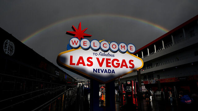LAS VEGAS, NEVADA - NOVEMBER 19: A rainbow above the Welcome to Las Vegas sign is seen in the Paddock during previews ahead of the F1 Grand Prix of Las Vegas at Las Vegas Strip Circuit on November 19, 2025 in Las Vegas, Nevada.