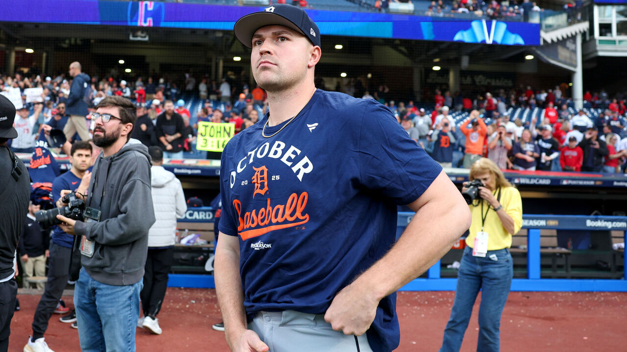CLEVELAND, OH - OCTOBER 02: Detroit Tigers starting pitcher Tarik Skubal (29) on the field as the Detroit Tigers celebrate winning the Major League Baseball 2025 American League Wild Card Game 3 between the Detroit Tigers and Cleveland Guardians on October 2, 2025, at Progressive Field in Cleveland, OH.
