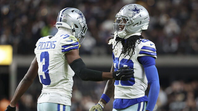 LAS VEGAS, NEVADA - NOVEMBER 17: George Pickens #3 and Ceedee Lamb #88 of the Dallas Cowboys celebrate after Pickens receiving touchdown in the second quarter of a game at Allegiant Stadium on November 17, 2025 in Las Vegas, Nevada.