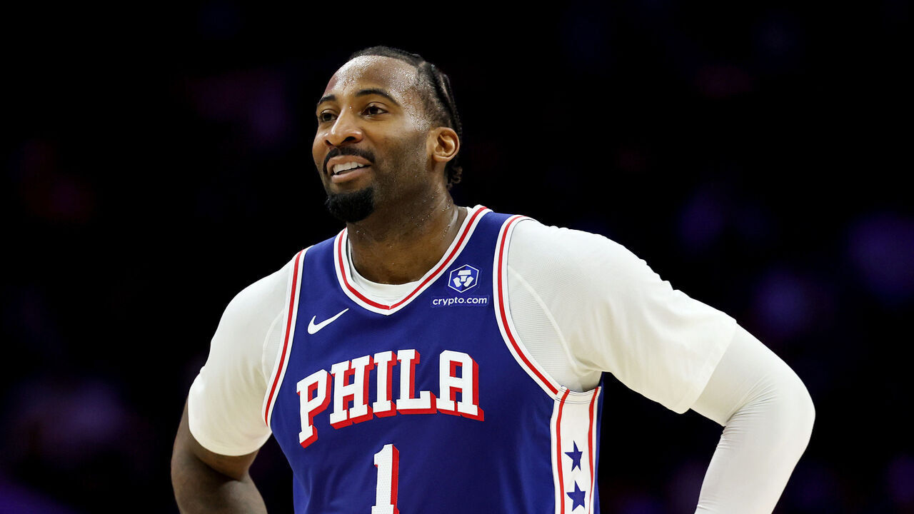 PHILADELPHIA, PENNSYLVANIA - NOVEMBER 11: Andre Drummond #1 of the Philadelphia 76ers smiles during the first half against the Boston Celtics at Xfinity Mobile Arena on November 11, 2025 in Philadelphia, Pennsylvania.