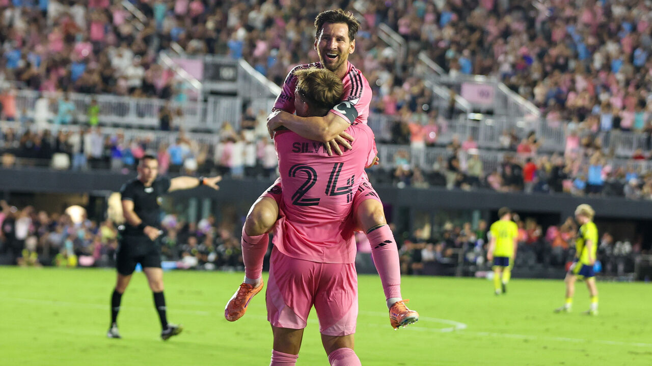 FT. LAUDERDALE, FL - NOVEMBER 08: Inter Miami forward Lionel Messi (10) celebrates his goal with Inter Miami forward Mateo Silvetti (24) in the first half during a MLS Cup Playoffs match between Inter Miami CF and Nashville SC at Chase Stadium on November 08, 2025 in Fort Lauderdale, Florida.