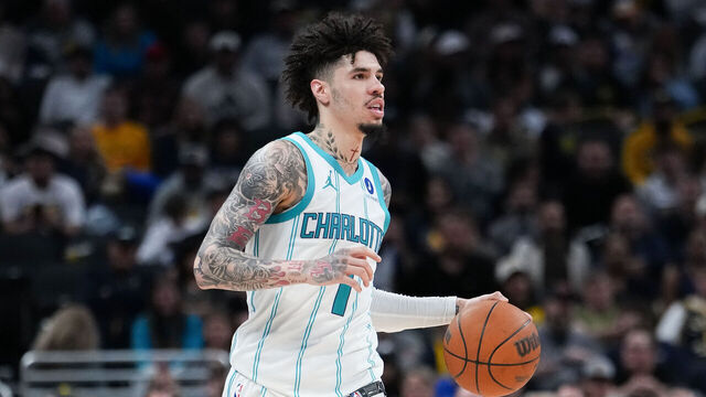 INDIANAPOLIS, INDIANA - NOVEMBER 19: LaMelo Ball #1 of the Charlotte Hornets dribbles the ball in the fourth quarter against the Indiana Pacers at Gainbridge Fieldhouse on November 19, 2025 in Indianapolis, Indiana.