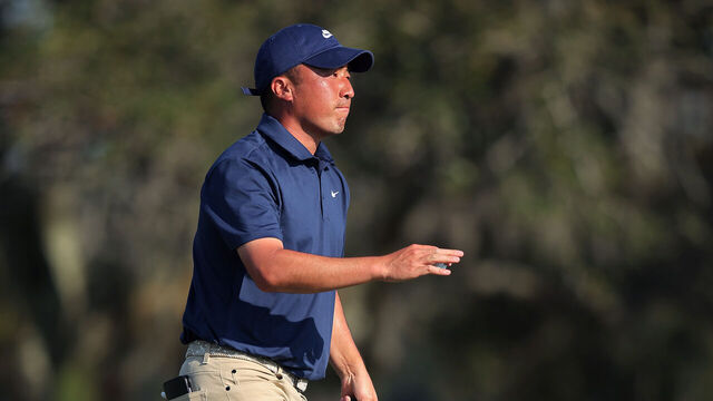 ST SIMONS ISLAND, GEORGIA - NOVEMBER 20: Doug Ghim of the United States acknowledges the crowd on the 16th green during the first round of The RSM Classic 2025 at Sea Island Resort Seaside Course on November 20, 2025 in St Simons Island, Georgia.