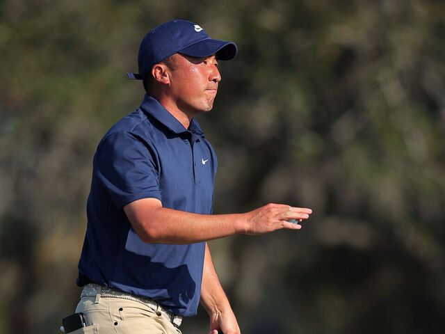ST SIMONS ISLAND, GEORGIA - NOVEMBER 20: Doug Ghim of the United States acknowledges the crowd on the 16th green during the first round of The RSM Classic 2025 at Sea Island Resort Seaside Course on November 20, 2025 in St Simons Island, Georgia.