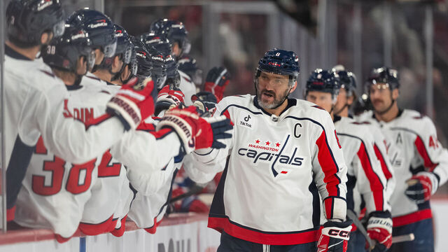 MONTREAL, CANADA- NOVEMBER 20: Alex Ovechkin #8 of the Washington Capitals celebrates with teammates after scoring a goal during the first period in the NHL regular season game against the Montreal Canadiens at the Bell Centre on November 20, 2025 in Montreal, Quebec, Canada.