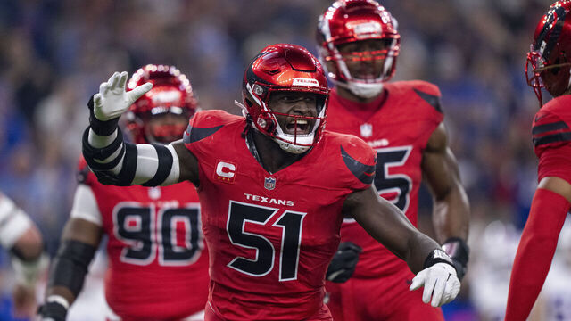 HOUSTON, TEXAS - NOVEMBER 20: Will Anderson Jr. #51 of the Houston Texans reacts after a sack during an NFL football game against the Buffalo Bills at NRG Stadium on November 20, 2025 in Houston, Texas.