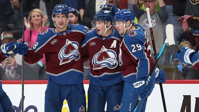 DENVER, COLORADO - NOVEMBER 20: Cale Makar #8 of the Colorado Avalanche celebrates with Jack Drury #18, Martin Necas #88 and Nathan MacKinnon #29 after scoring against the New York Rangers in the second period at Ball Arena on November 20, 2025 in Denver, Colorado.