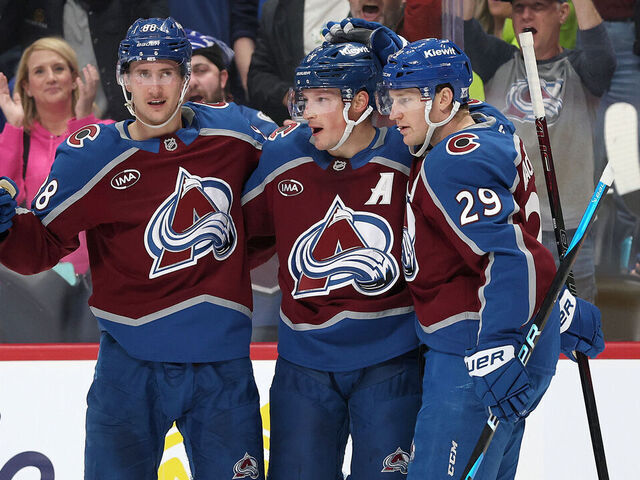 DENVER, COLORADO - NOVEMBER 20: Cale Makar #8 of the Colorado Avalanche celebrates with Jack Drury #18, Martin Necas #88 and Nathan MacKinnon #29 after scoring against the New York Rangers in the second period at Ball Arena on November 20, 2025 in Denver, Colorado.