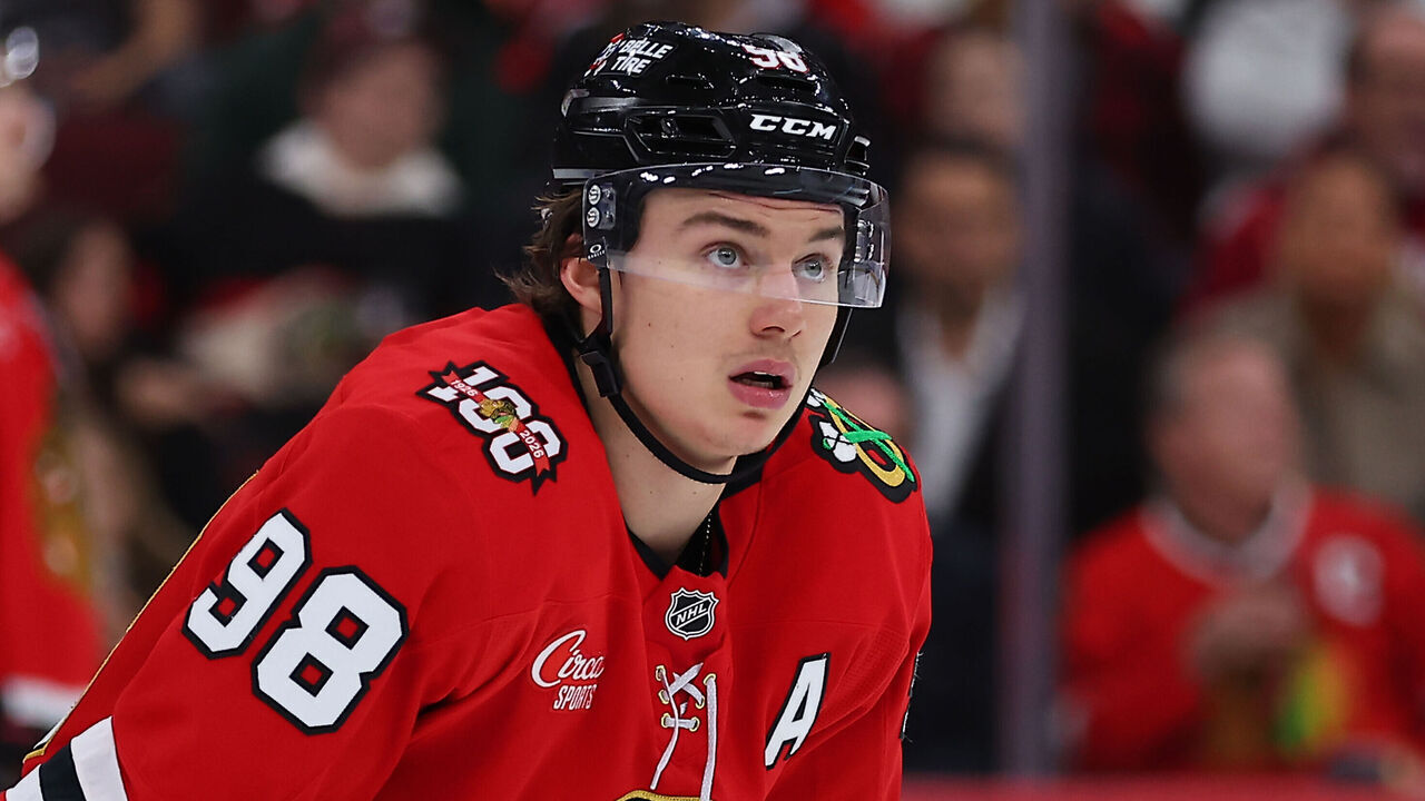 CHICAGO, IL - NOVEMBER 20: Connor Bedard #98 of the Chicago Blackhawks looks on during the third period against the Seattle Kraken on November 20, 2025 at the United Center in Chicago, Illinois.