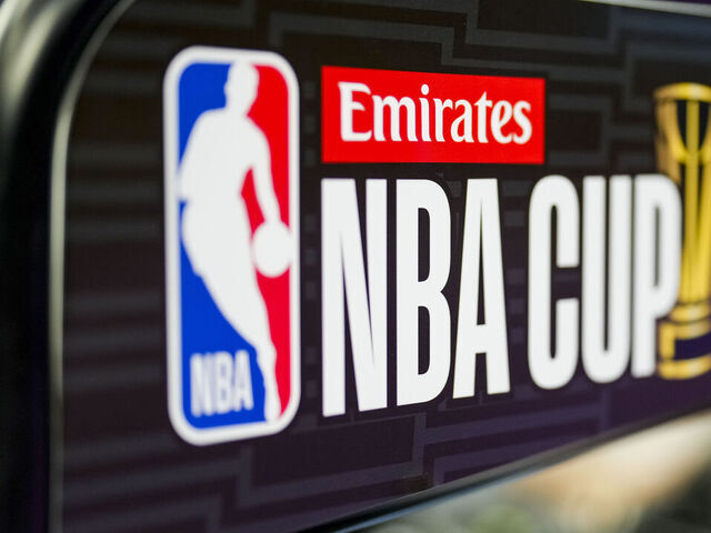 TORONTO, ON - DECEMBER 3: Emirates logo on the ball rack at a NBA game between the Indiana Pacers and Toronto Raptors during the Emirates NBA Cup game at the Scotiabank Arena on December 3, 2024 in Toronto, Ontario, Canada. NOTE TO USER: User expressly acknowledges and agrees that, by downloading and/or using this Photograph, user is consenting to the terms and conditions of the Getty Images License Agreement.