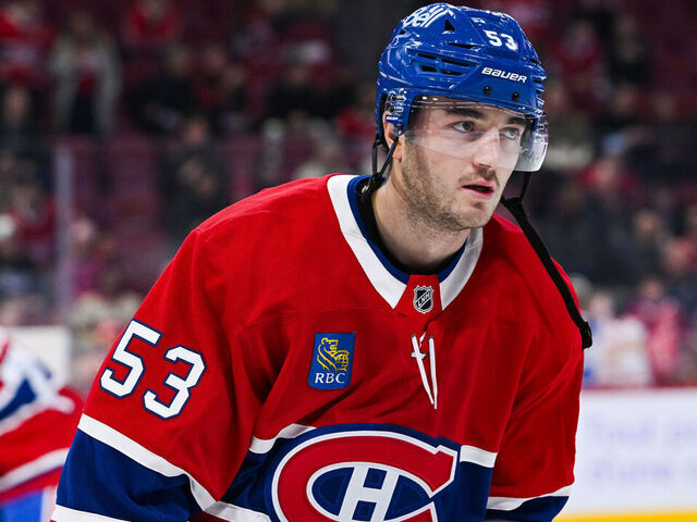MONTREAL, QC - NOVEMBER 08: Look on Montreal Canadiens defenseman Noah Dobson (53) during warm-up before the Utah Mammoth versus the Montreal Canadiens game on November 08, 2025, at Bell Centre in Montreal, QC
