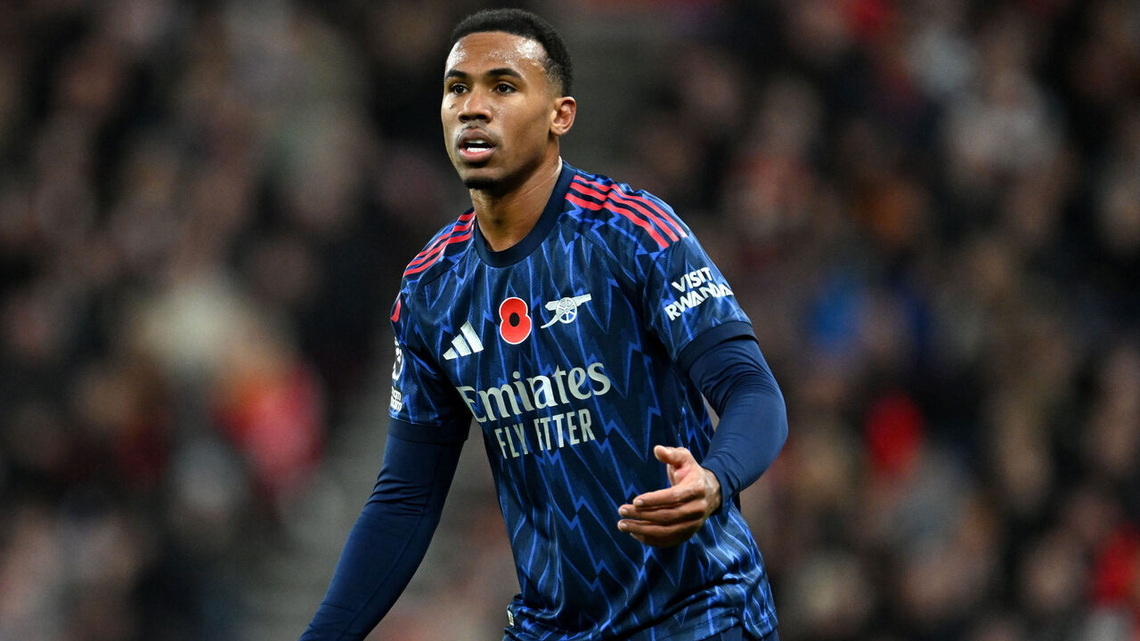 SUNDERLAND, ENGLAND - NOVEMBER 08: Gabriel of Arsenal reacts during the Premier League match between Sunderland and Arsenal at the Stadium of Light on November 08, 2025 in Sunderland, England.