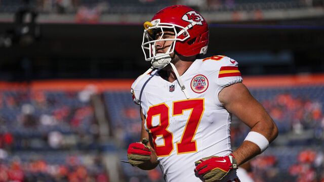 DENVER, CO - NOVEMBER 16: Travis Kelce #87 of the Kansas City Chiefs warms up prior to an NFL football game against the Denver Broncos at Empower Field at Mile High on November 16, 2025 in Denver, Colorado.