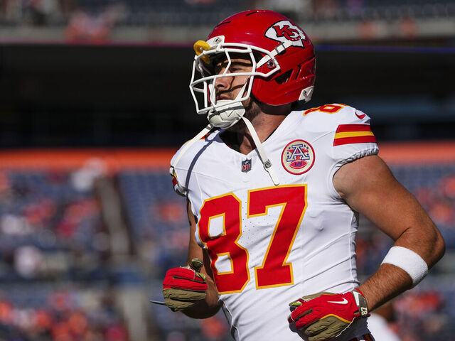 DENVER, CO - NOVEMBER 16: Travis Kelce #87 of the Kansas City Chiefs warms up prior to an NFL football game against the Denver Broncos at Empower Field at Mile High on November 16, 2025 in Denver, Colorado.