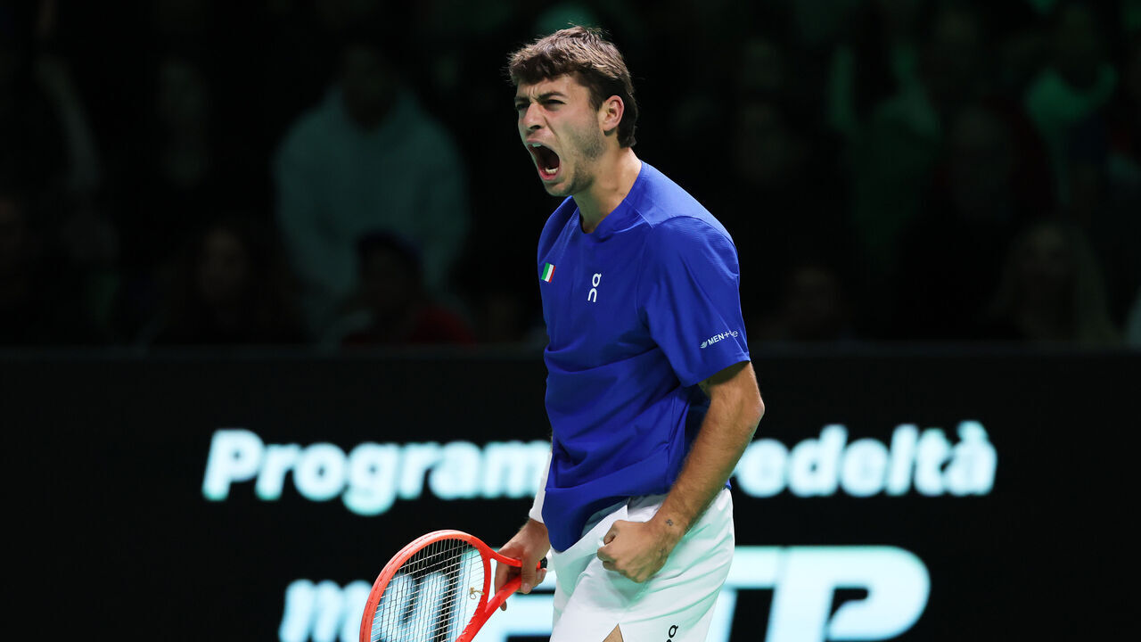 BOLOGNA, ITALY - NOVEMBER 21: Flavio Cobolli of Italy celebrates a point against Zizou Bergs of Belgium during the Davis Cup Semi-Final match between Italy and Belgium at BolognaFiere Exhibition Centre on November 21, 2025 in Bologna, Italy.