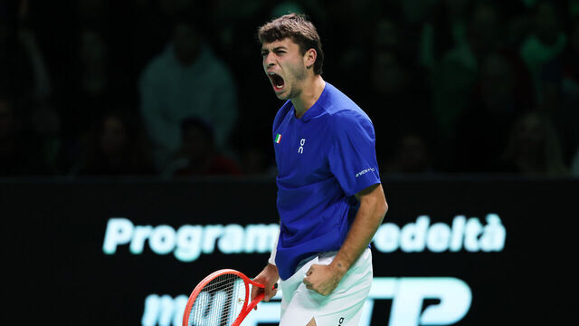 BOLOGNA, ITALY - NOVEMBER 21: Flavio Cobolli of Italy celebrates a point against Zizou Bergs of Belgium during the Davis Cup Semi-Final match between Italy and Belgium at BolognaFiere Exhibition Centre on November 21, 2025 in Bologna, Italy.