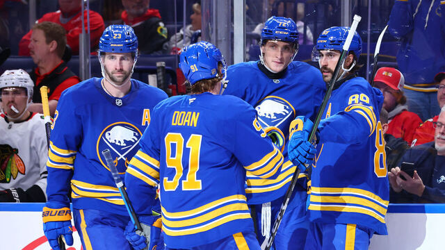 BUFFALO, NEW YORK - NOVEMBER 21: Tage Thompson #72 celebrates his third period goal with Alex Tuch #89 Josh Doan #91 and Mattias Samuelsson #23 of the Buffalo Sabres during an NHL game against the Chicago Blackhawks on November 21, 2025 at KeyBank Center in Buffalo, New York.