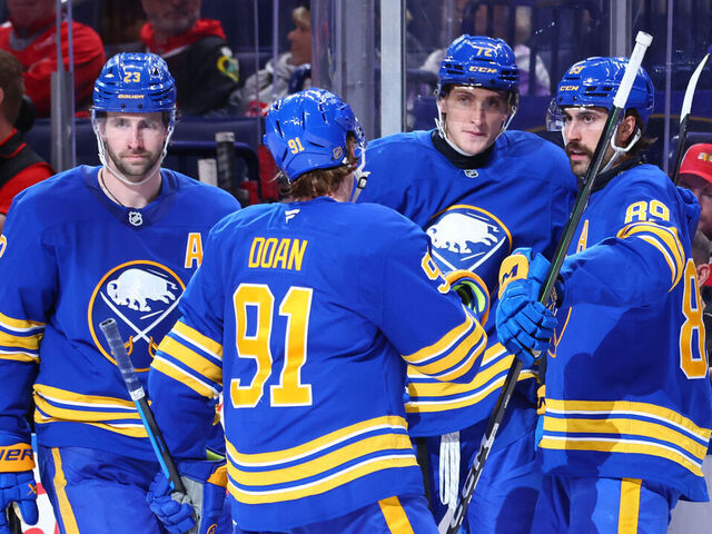 BUFFALO, NEW YORK - NOVEMBER 21: Tage Thompson #72 celebrates his third period goal with Alex Tuch #89 Josh Doan #91 and Mattias Samuelsson #23 of the Buffalo Sabres during an NHL game against the Chicago Blackhawks on November 21, 2025 at KeyBank Center in Buffalo, New York.