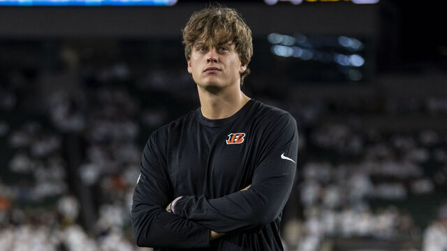 CINCINNATI, OHIO - OCTOBER 16: Joe Burrow #9 of the Cincinnati Bengals looks on prior to an NFL football game against the Pittsburgh Steelers at Paycor Stadium on October 16, 2025 in Cincinnati, Ohio.