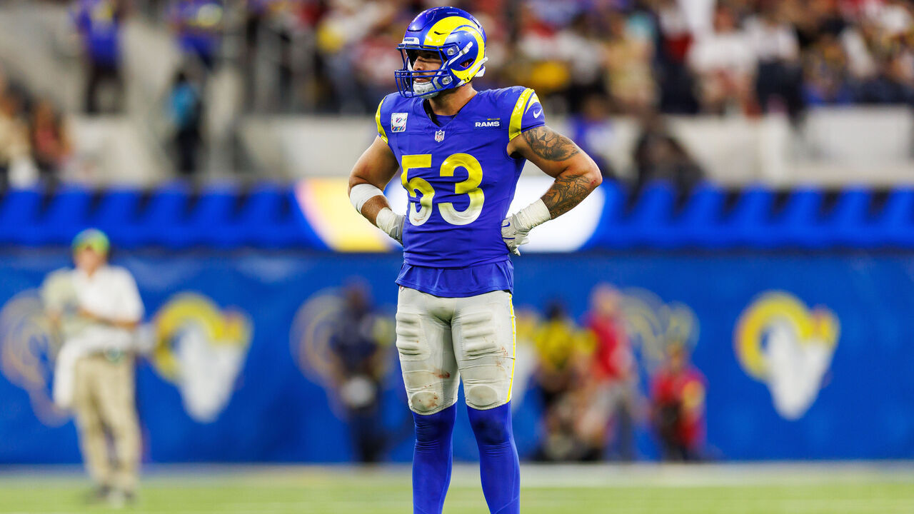 INGLEWOOD, CALIFORNIA - OCTOBER 2: Nate Landman #53 of the Los Angeles Rams stands on the field during the second half of an NFL football game against the San Francisco 49ers at SoFi Stadium on October 02, 2025 in Inglewood, California.