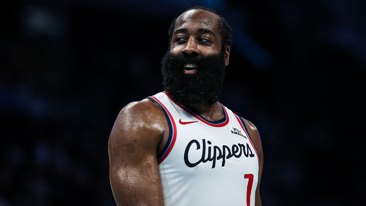 CHARLOTTE, NORTH CAROLINA - NOVEMBER 22: James Harden #1 of the LA Clippers looks on during the first half of a basketball game against the Charlotte Hornets at Spectrum Center on November 22, 2025 in Charlotte, North Carolina.