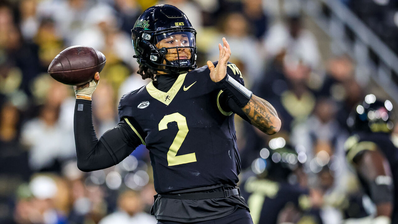 WINSTON-SALEM, NORTH CAROLINA - NOVEMBER 15: Robby Ashford #2 of the Wake Forest Demon Deacons passes the ball during the first half of a football game against the North Carolina Tar Heels at Allegacy Federal Credit Union Stadium on November 15, 2025 in Winston-Salem, North Carolina.