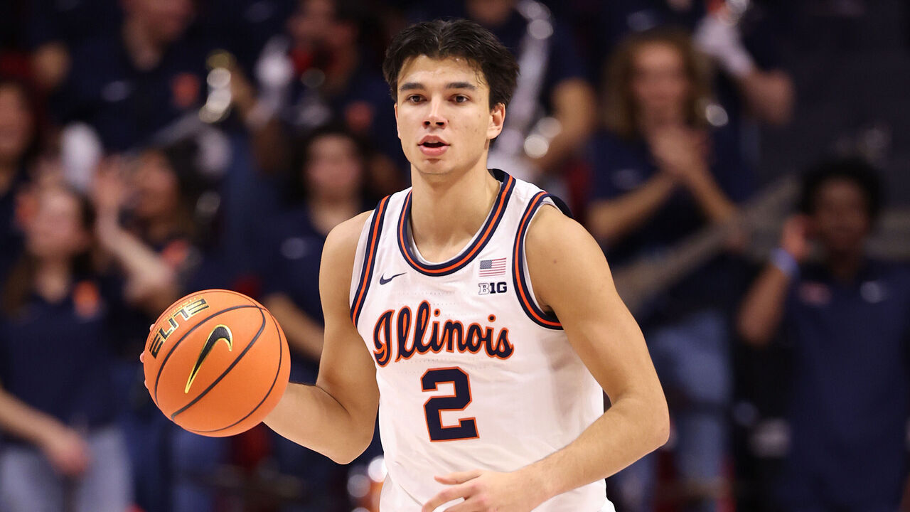 CHAMPAIGN, ILLINOIS - NOVEMBER 11: Andrej Stojakovic #2 of the Illinois Fighting Illini dribbles up the court against the Texas Tech Red Raiders during the first half at State Farm Center on November 11, 2025 in Champaign, Illinois.