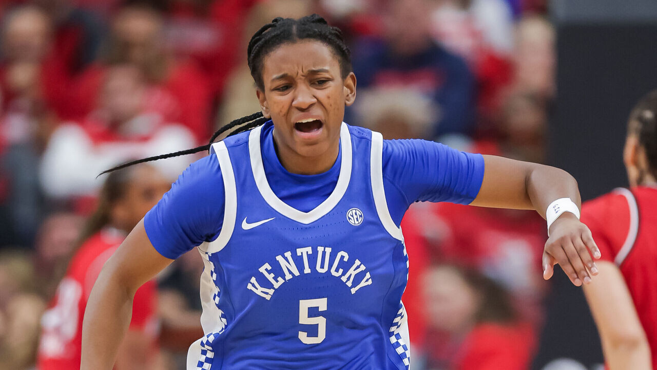 LOUISVILLE, KENTUCKY - NOVEMBER 22: Tonie Morgan #5 of the Kentucky Wildcats reacts during the first half of the NCAA women's basketball game between the Louisville Cardinals and the Kentucky Wildcats at KFC YUM! Center on November 22, 2025 in Louisville, Kentucky.