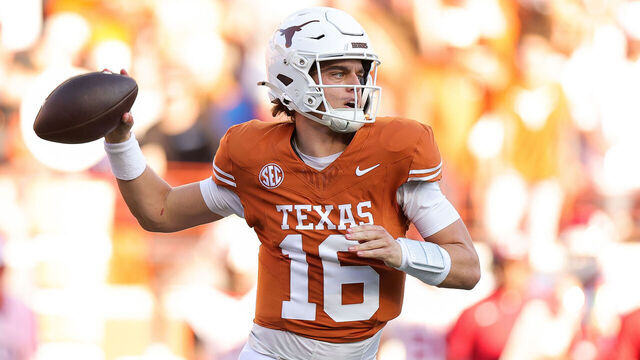 AUSTIN, TEXAS - NOVEMBER 22: Arch Manning #16 of the Texas Longhorns drops back to pass the ball against the Arkansas Razorbacks during the first half at Darrell K Royal-Texas Memorial Stadium on November 22, 2025 in Austin, Texas.