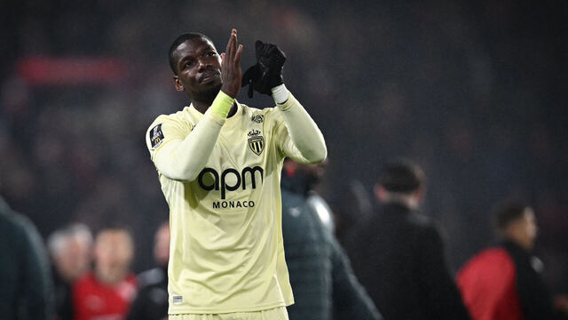 Monaco's French midfielder #08 Paul Pogba gestures at the end of the French L1 football match between Stade Rennais FC and AS Monaco at the Roazhon Park stadium in Rennes, western France, on November 22, 2025.