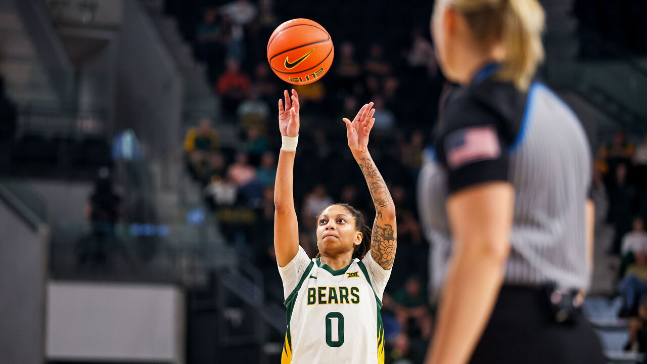 WACO, TEXAS - NOVEMBER 16: Taliah Scott #0 of the Baylor Bears shoots a free throw during the game against the Le Moyne Dolphins on November 16, 2025 at the Foster Pavilion in Waco Texas