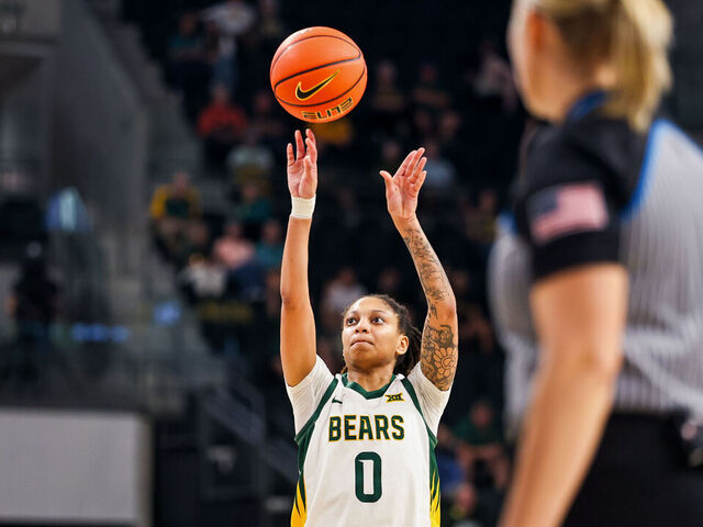 WACO, TEXAS - NOVEMBER 16: Taliah Scott #0 of the Baylor Bears shoots a free throw during the game against the Le Moyne Dolphins on November 16, 2025 at the Foster Pavilion in Waco Texas