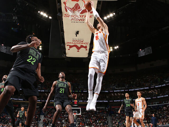 NEW ORLEANS, LA - NOVEMBER 22: Kristaps Porzingis #8 of the Atlanta Hawks dunks the ball during the game against the New Orleans Pelicans on November 22, 2025 at the Smoothie King Center in New Orleans, Louisiana. Mandatory Copyright Notice: Copyright 2025 NBAE