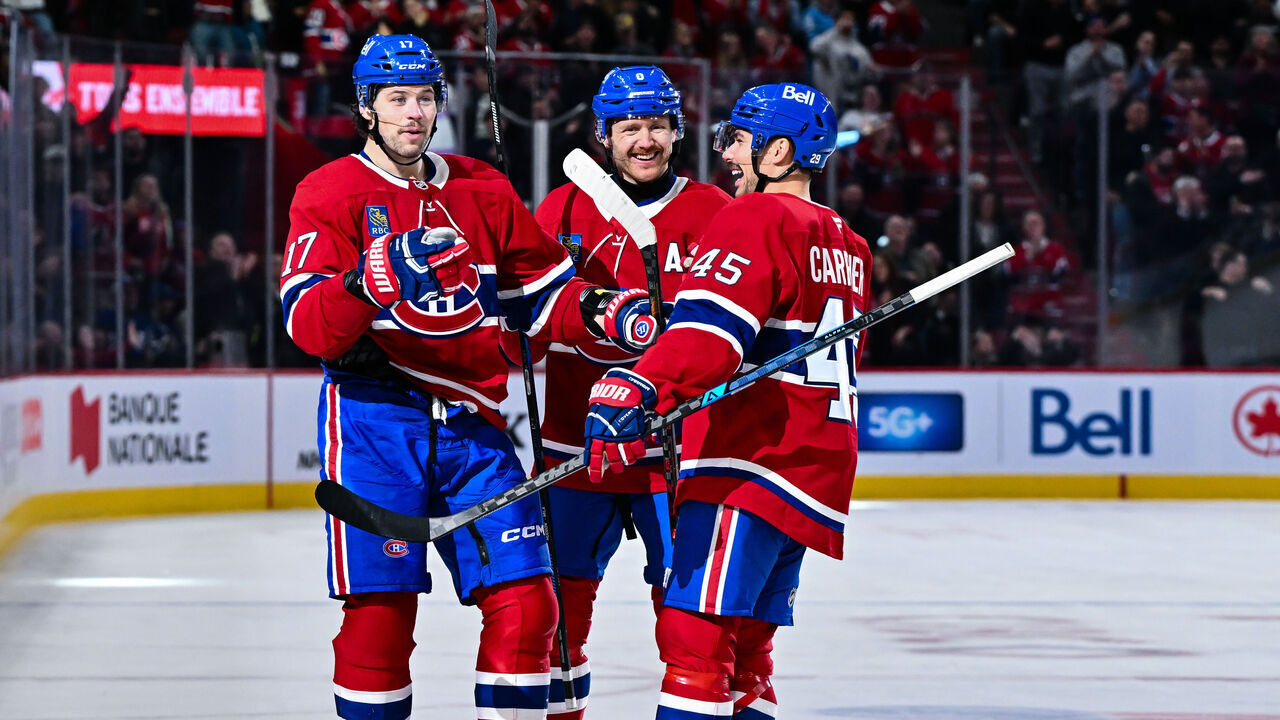 MONTREAL, CANADA - NOVEMBER 22: Josh Anderson #17 of the Montréal Canadiens celebrates his goal with teammates Mike Matheson #8 and Alexandre Carrier #45 during the second period against the Toronto Maple Leafs at the Bell Centre on November 22, 2025 in Montreal, Quebec, Canada.