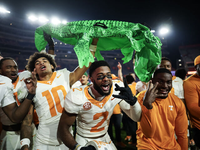 GAINESVILLE, FLORIDA - NOVEMBER 22: Andre Turrentine #2 of the Tennessee Volunteers celebrates with teammates after defeating the Florida Gators 31-11 at Ben Hill Griffin Stadium on November 22, 2025 in Gainesville, Florida.