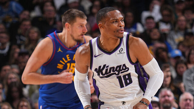 DENVER, CO - NOVEMBER 2: Russell Westbrook #18 of the Sacramento Kings celebrates during the game against the Denver Nuggets on November 22, 2025 at Ball Arena in Denver, Colorado. NOTE TO USER: User expressly acknowledges and agrees that, by downloading and/or using this Photograph, user is consenting to the terms and conditions of the Getty Images License Agreement. Mandatory Copyright Notice: Copyright 2025 NBAE