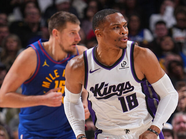 DENVER, CO - NOVEMBER 2: Russell Westbrook #18 of the Sacramento Kings celebrates during the game against the Denver Nuggets on November 22, 2025 at Ball Arena in Denver, Colorado. NOTE TO USER: User expressly acknowledges and agrees that, by downloading and/or using this Photograph, user is consenting to the terms and conditions of the Getty Images License Agreement. Mandatory Copyright Notice: Copyright 2025 NBAE