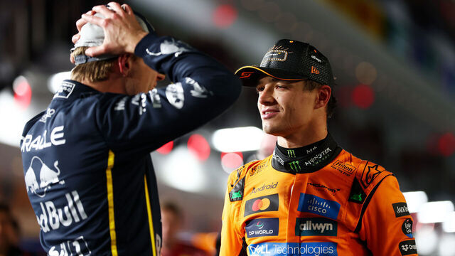 LAS VEGAS, NEVADA - NOVEMBER 22: Race winner Max Verstappen of the Netherlands and Oracle Red Bull Racing and Second placed Lando Norris of Great Britain and McLaren (later disqualified) talk in parc ferme during the F1 Grand Prix of Las Vegas at Las Vegas Strip Circuit on November 22, 2025 in Las Vegas, Nevada. McLaren drivers Lando Norris and Oscar Piastri were both later disqualified from the Las Vegas Grand Prix result after post-race checks found their cars did not to comply with technical regulations.
