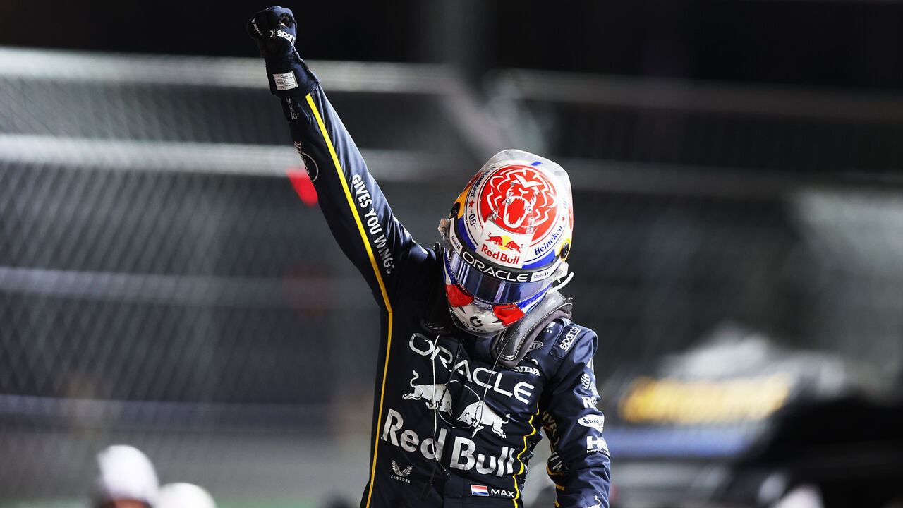 LAS VEGAS, NEVADA - NOVEMBER 22: Race winner Max Verstappen of the Netherlands and Oracle Red Bull Racing celebrates on arrival in parc ferme during the F1 Grand Prix of Las Vegas at Las Vegas Strip Circuit on November 22, 2025 in Las Vegas, Nevada.