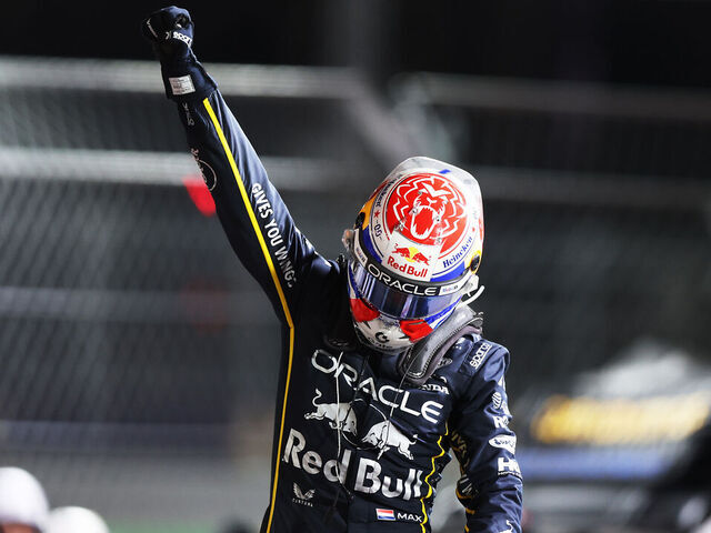 LAS VEGAS, NEVADA - NOVEMBER 22: Race winner Max Verstappen of the Netherlands and Oracle Red Bull Racing celebrates on arrival in parc ferme during the F1 Grand Prix of Las Vegas at Las Vegas Strip Circuit on November 22, 2025 in Las Vegas, Nevada.