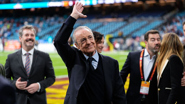 MADRID, SPAIN - NOVEMBER 16: Florentino Perez, President of Real Madrid, greets the supporters during the National Football League (NFL) 2025 Madrid Game, match played between Miami Dolphins and Washington Commanders at Santiago Bernabeu stadium on November 16, 2025, in Madrid, Spain.