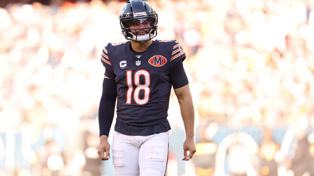 CHICAGO, ILLINOIS - NOVEMBER 23: Caleb Williams #18 of the Chicago Bears looks on during the third quarter against the Pittsburgh Steelers at Soldier Field on November 23, 2025 in Chicago, Illinois.