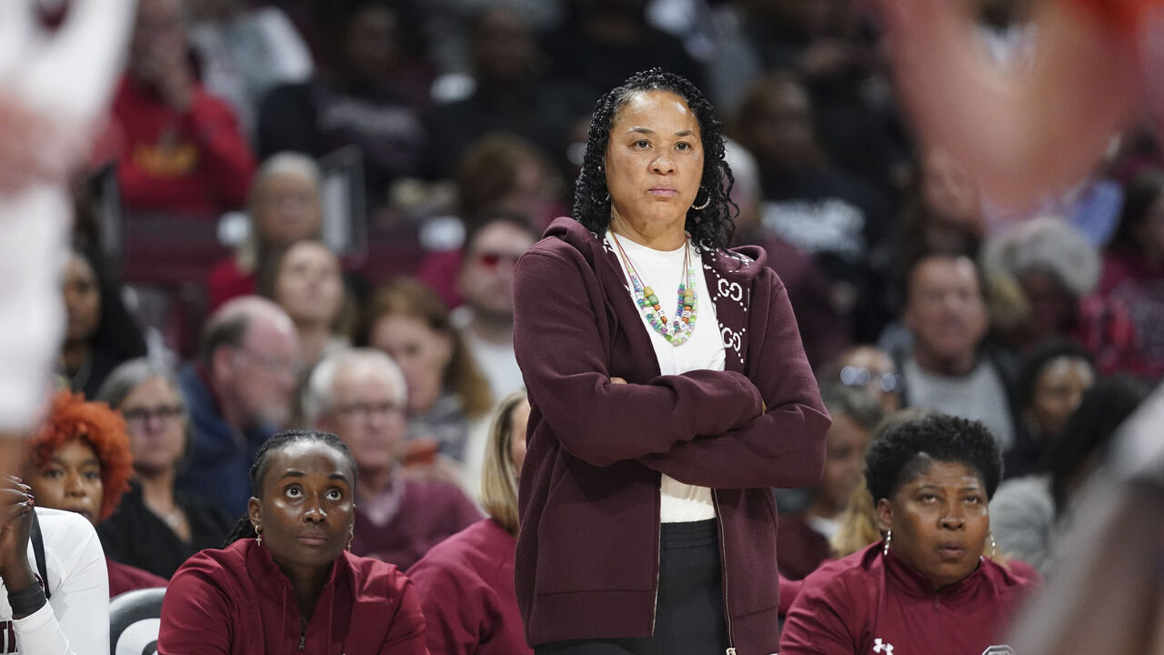 COLUMBIA, SOUTH CAROLINA - NOVEMBER 11: Head coach Dawn Staley of the South Carolina Gamecocks watches players during the fourth quarter of an NCAA women's basketball game against the Clemson Tigers at Colonial Life Arena on November 11, 2025 in Columbia, South Carolina.
