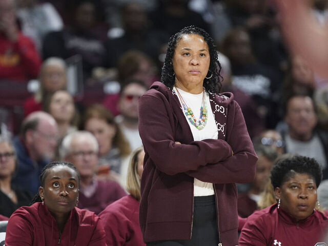 COLUMBIA, SOUTH CAROLINA - NOVEMBER 11: Head coach Dawn Staley of the South Carolina Gamecocks watches players during the fourth quarter of an NCAA women's basketball game against the Clemson Tigers at Colonial Life Arena on November 11, 2025 in Columbia, South Carolina.