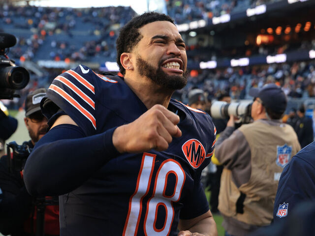 CHICAGO, ILLINOIS - NOVEMBER 23: Caleb Williams #18 of the Chicago Bears celebrates after beating the Pittsburgh Steelers 31-28 at Soldier Field on November 23, 2025 in Chicago, Illinois.