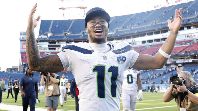 NASHVILLE, TENNESSEE - NOVEMBER 23: Jaxon Smith-Njigba #11 of the Seattle Seahawks celebrates after defeating the Tennessee Titans in the game at Nissan Stadium on November 23, 2025 in Nashville, Tennessee.