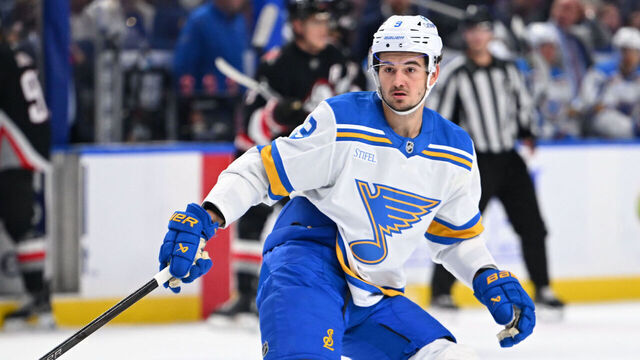 BUFFALO, NEW YORK - NOVEMBER 6: Alexandre Texier #9 of the St. Louis Blues skates against the Buffalo Sabres during an NHL game at KeyBank Center on November 6, 2025 in Buffalo, New York. St. Louis won 3-0.