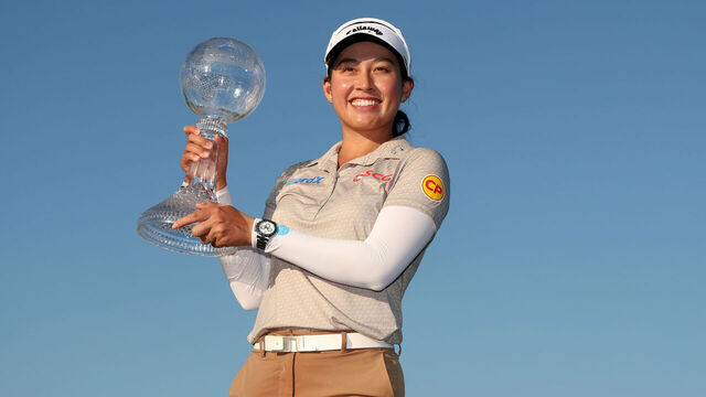 NAPLES, FLORIDA - NOVEMBER 23: Jeeno Thitikul of Thailand poses with the CME Group trophy after her win during the final round of the CME Group Tour Championship 2025 at Tiburon Golf Club on November 23, 2025 in Naples, Florida.