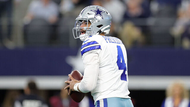 ARLINGTON, TEXAS - NOVEMBER 23: Dak Prescott #4 of the Dallas Cowboys looks to pass the ball during the first quarter against the Philadelphia Eagles at AT&T Stadium on November 23, 2025 in Arlington, Texas.