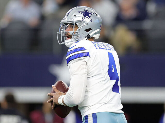 ARLINGTON, TEXAS - NOVEMBER 23: Dak Prescott #4 of the Dallas Cowboys looks to pass the ball during the first quarter against the Philadelphia Eagles at AT&T Stadium on November 23, 2025 in Arlington, Texas.